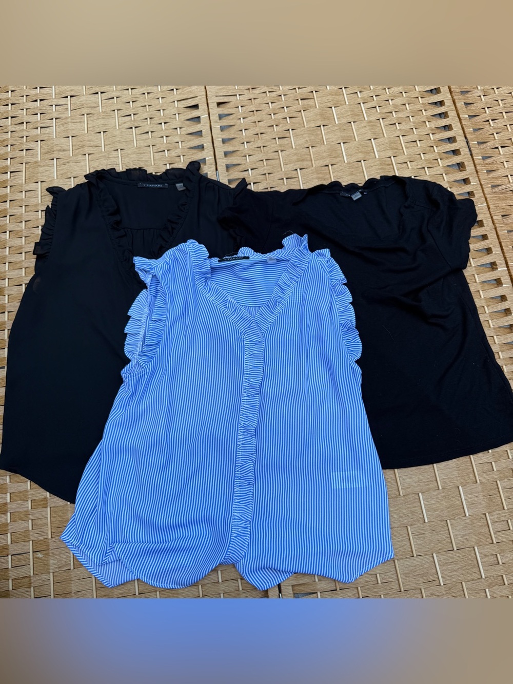T Tahari 3 Bundle Blue Striped Ruffle Sleeve and 2 Black Women’s Small Petite